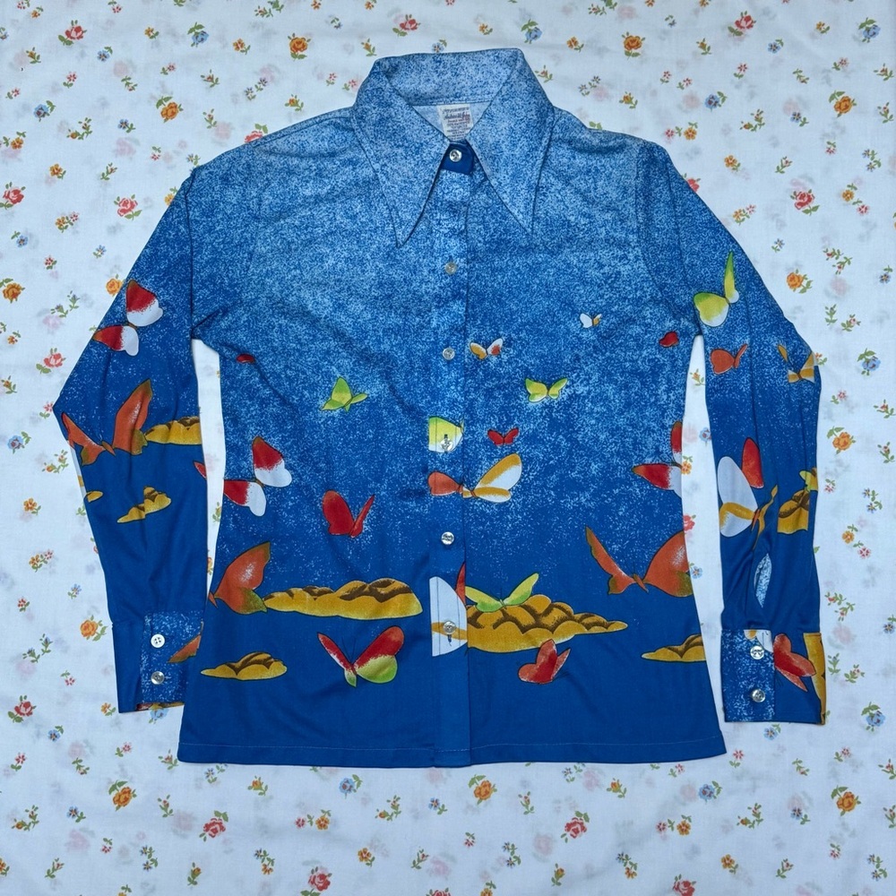 Vintage 1970s Butterfly Print Shirt, Andrew St. John, Medium